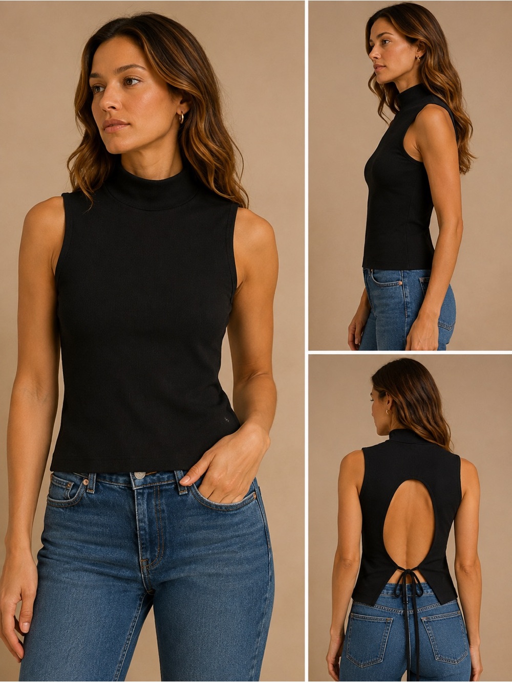 Tiger Mist Mock Neck Fitted Sleeveless Open Back Blouse Black Size Large